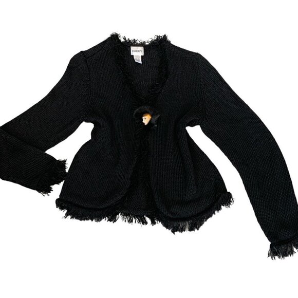 Chico's Linen Bl Fringe Open Cardigan & VTG Flapper Brooch Sz 2 L/12 Black #88G - Picture 2 of 9